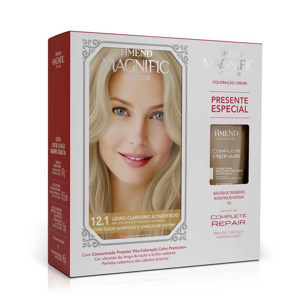 Kit Coloração 12.1 Louro Claríssimo Acinzentado Amend Magnific Mini Bisnaga Máscara Amend Expertise Complete Repair